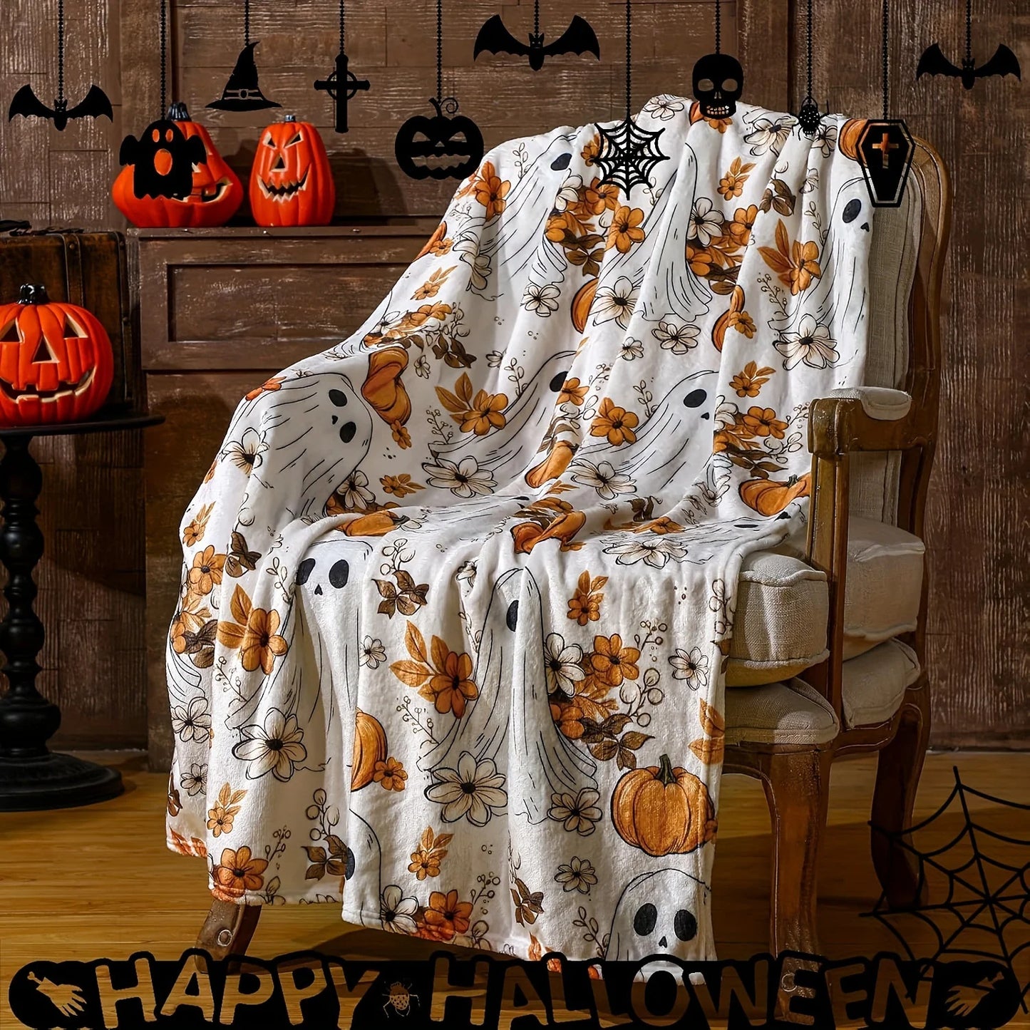 Pumpkin & Ghost Throw Blanket – Cozy Halloween Edition