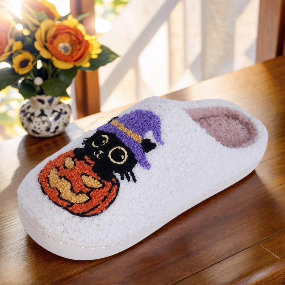 Black Cat Pumpkin Slippers – Halloween Cozy Comfort