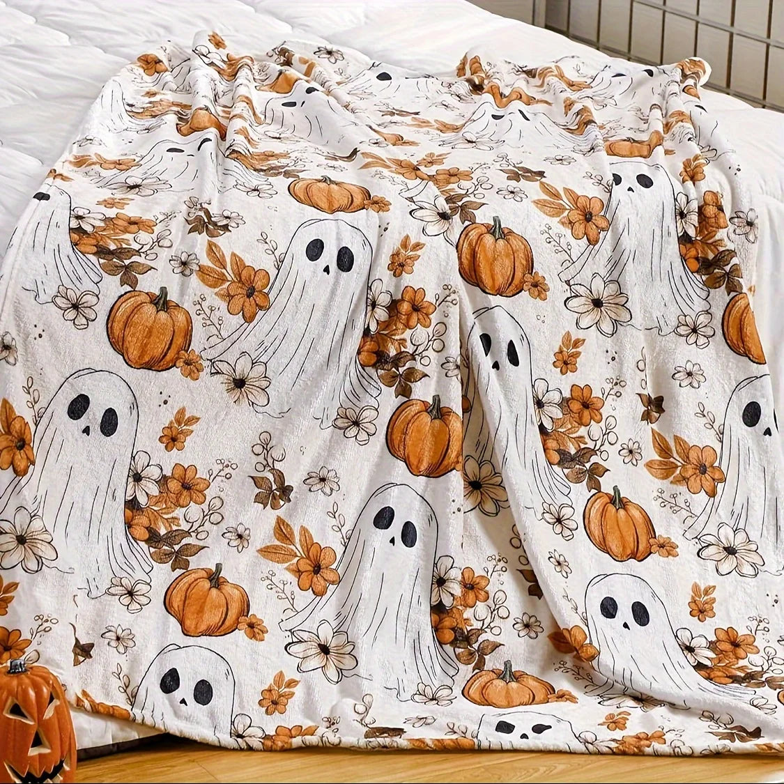 Pumpkin & Ghost Throw Blanket – Cozy Halloween Edition
