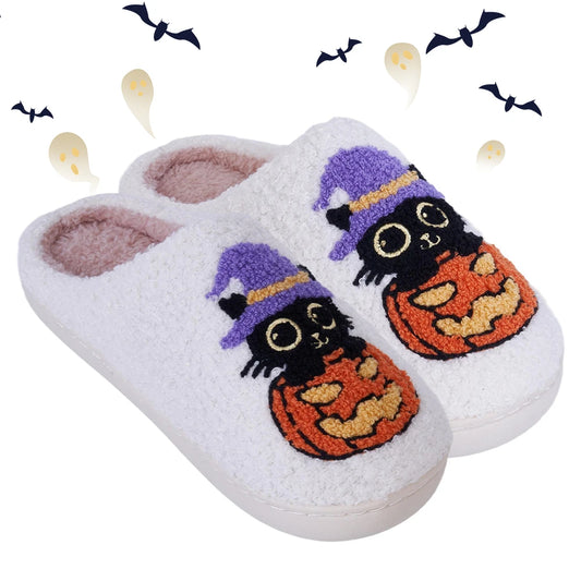 Black Cat Pumpkin Slippers – Halloween Cozy Comfort